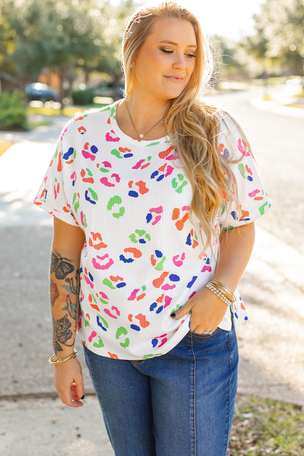 Plus Size White Multicolor Leopard Print Textured  T Shirt