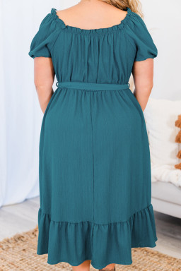 Curvy U Neck Puff Sleeve Belted Ruffle Hem Midi Dress