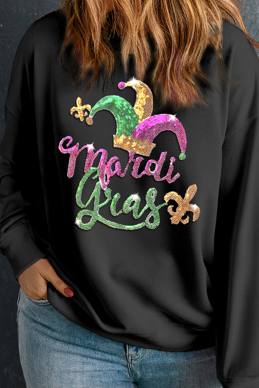 Plus Size Black Mardi Gras Sequined Clown Hat Pattern Sweatshirt