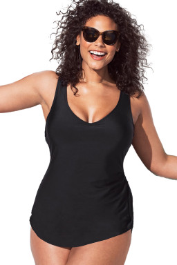 Extended Size Black Solid Color U Neck Padded One Piece Swimsuit