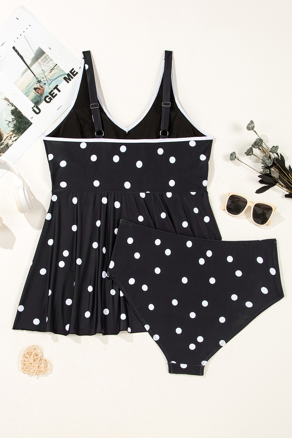 Plus Size Black Polka Dot Trim V Neck  Swim Dress