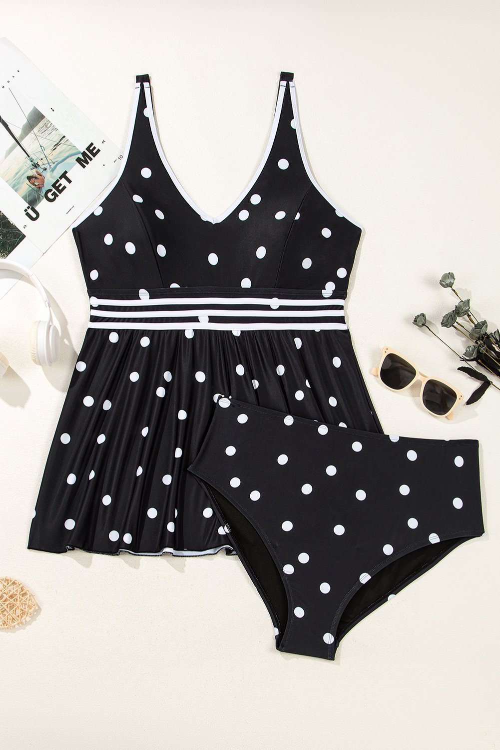 Busty Black Polka Dot/Colorblock Trim V Neck Swim Dress