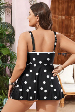 Plus Black Polka Dot/Colorblock Trim V Neck Swim Dress