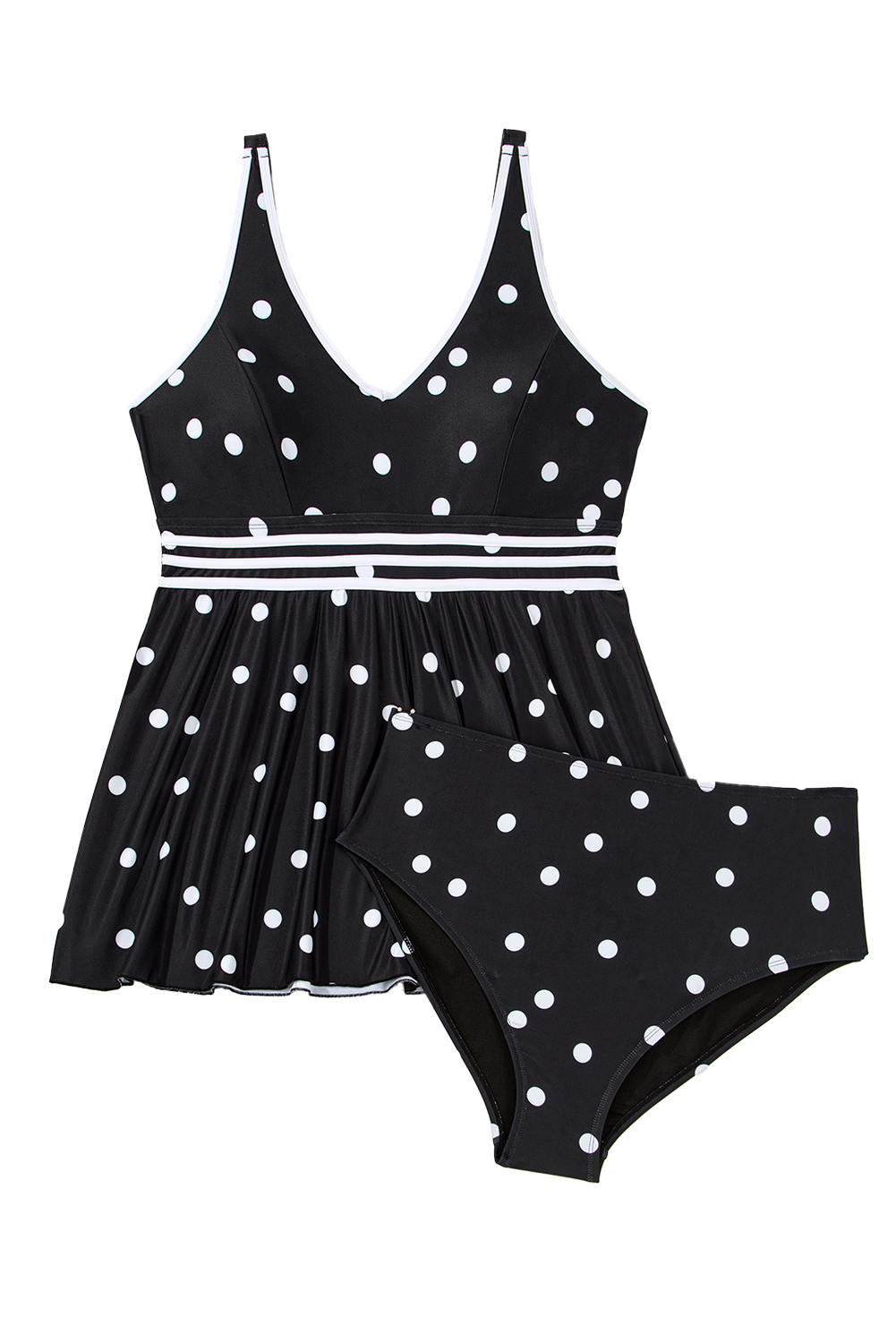 Plus Size Black Polka Dot Trim V Neck  Swim Dress