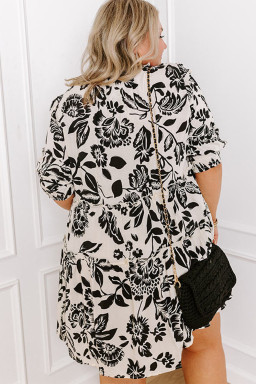 Curvy Black Floral Print Tiered Frilled Half Sleeve  Mini Dress