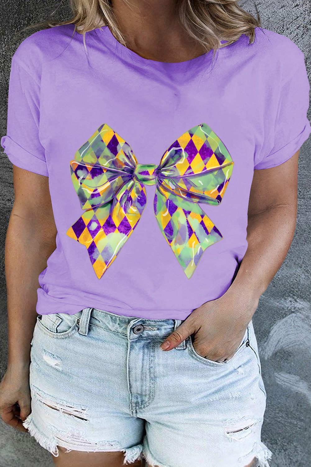 Plus Size Orchid Petal Checkered Bow Knot Print O Neck T Shirt