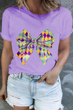 Plus Size Orchid Petal Checkered Bow Knot Print O Neck T Shirt