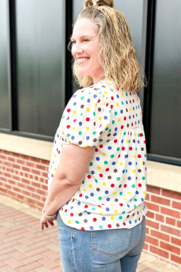 Oversized Apricot Colorful Polka Dots Tie Neck Puff Sleeve Blouse