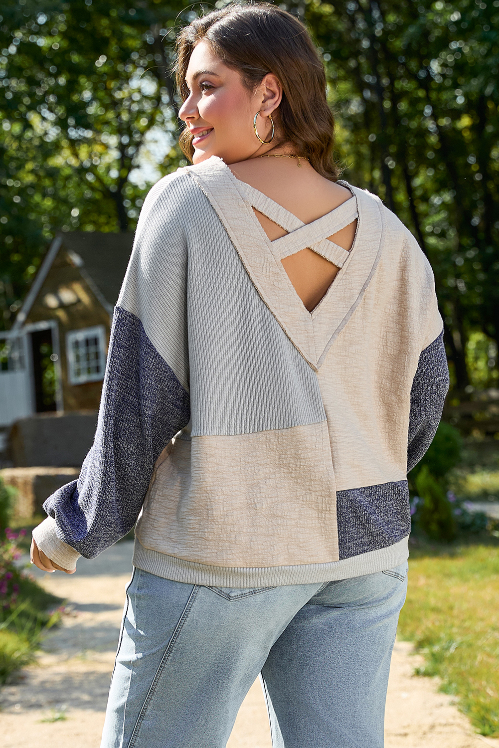 Plus Size Ashleigh Blue  Textured Colorblock Patchwork V Neck Top