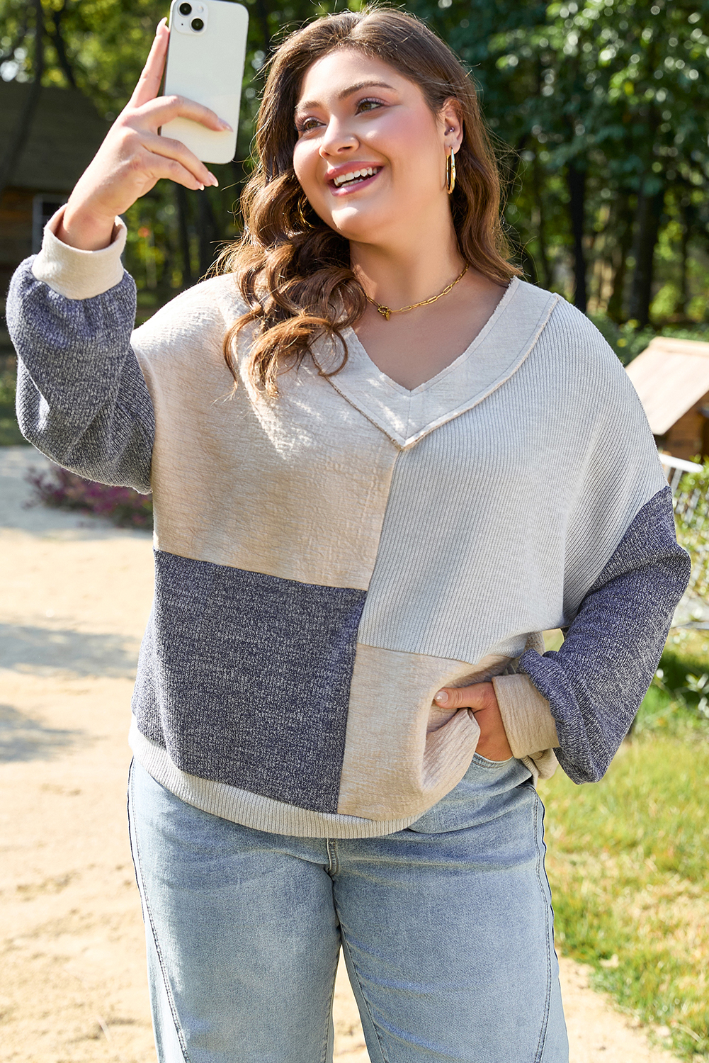 Plus Size Ashleigh Blue  Textured Colorblock Patchwork V Neck Top
