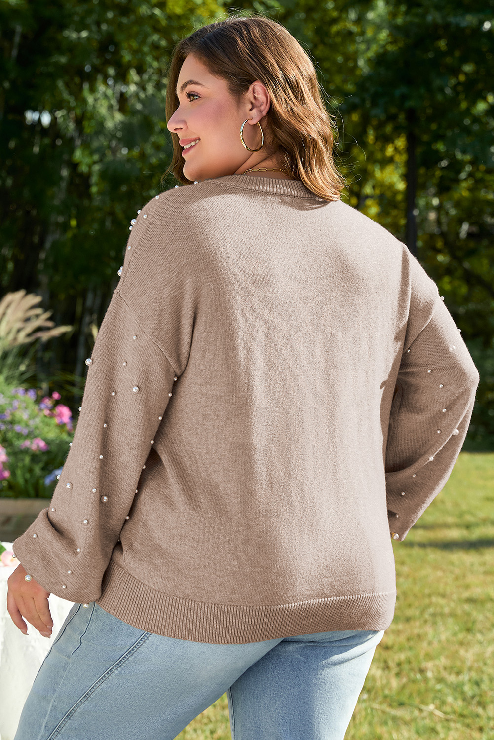 Plus Size Smoke Gray Pearled Drop Shoulder  Sweater
