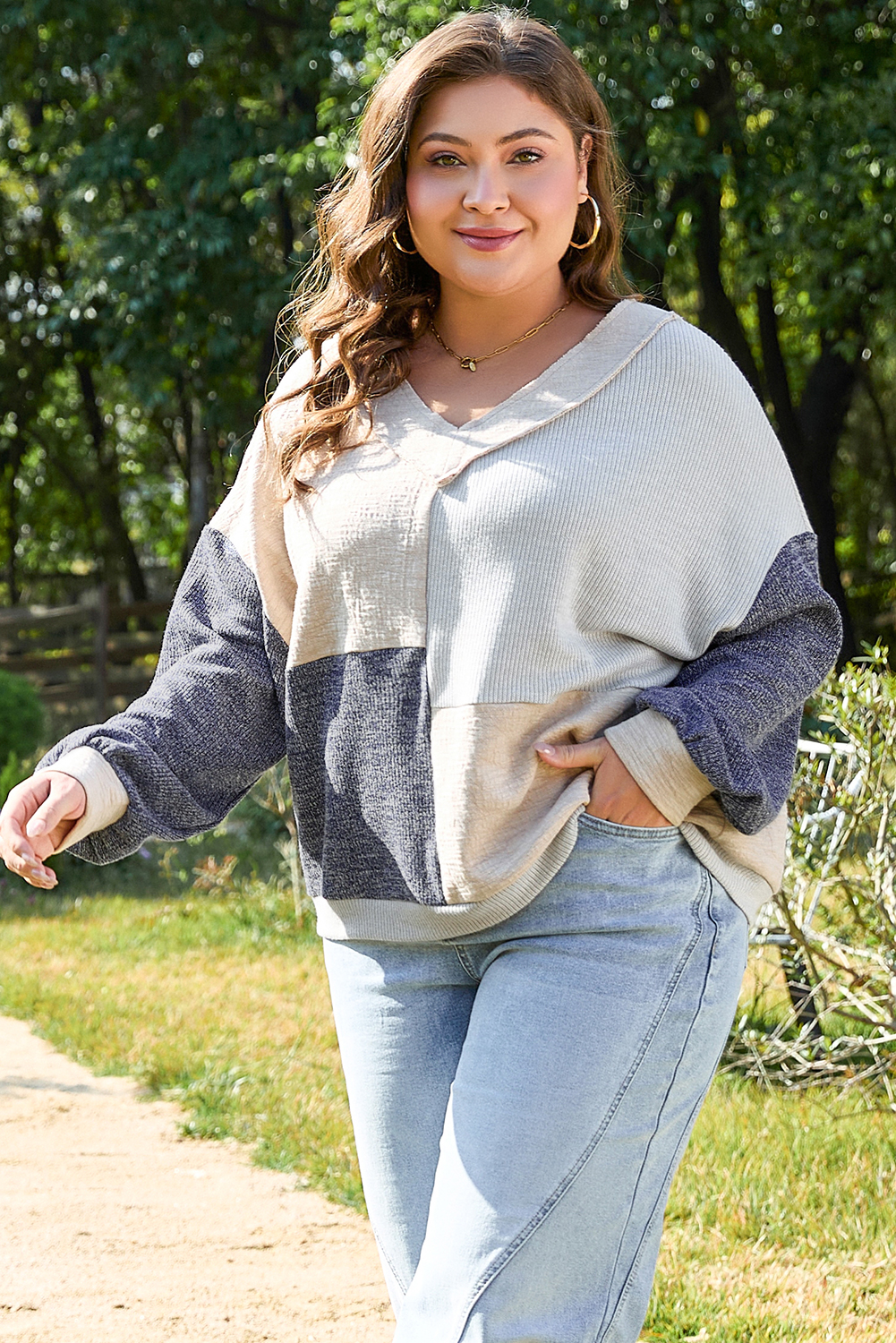 Plus Size Ashleigh Blue  Textured Colorblock Patchwork V Neck Top