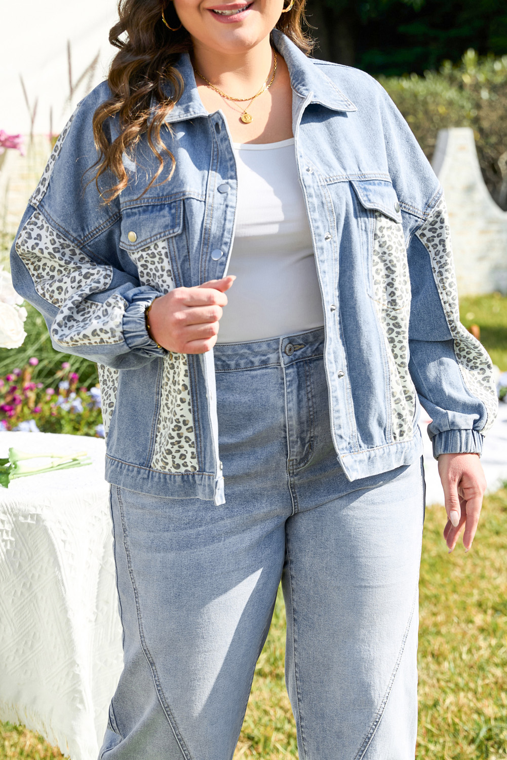 Plus Size Beau Blue Leopard Patchwork Flap Detail  Denim Jacket