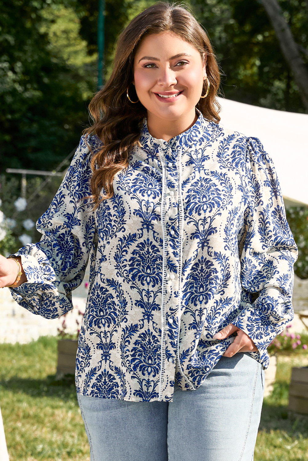 Plus Size Sky Blue Tribal Pattern Print Notch Neck Buttoned  Shirt