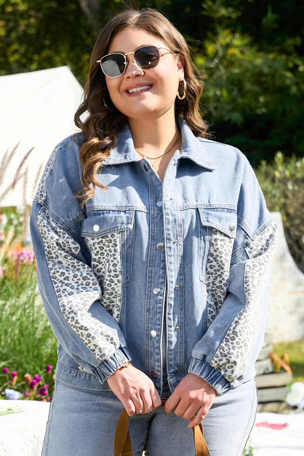 Plus Size Beau Blue Leopard Patchwork Flap Detail  Denim Jacket