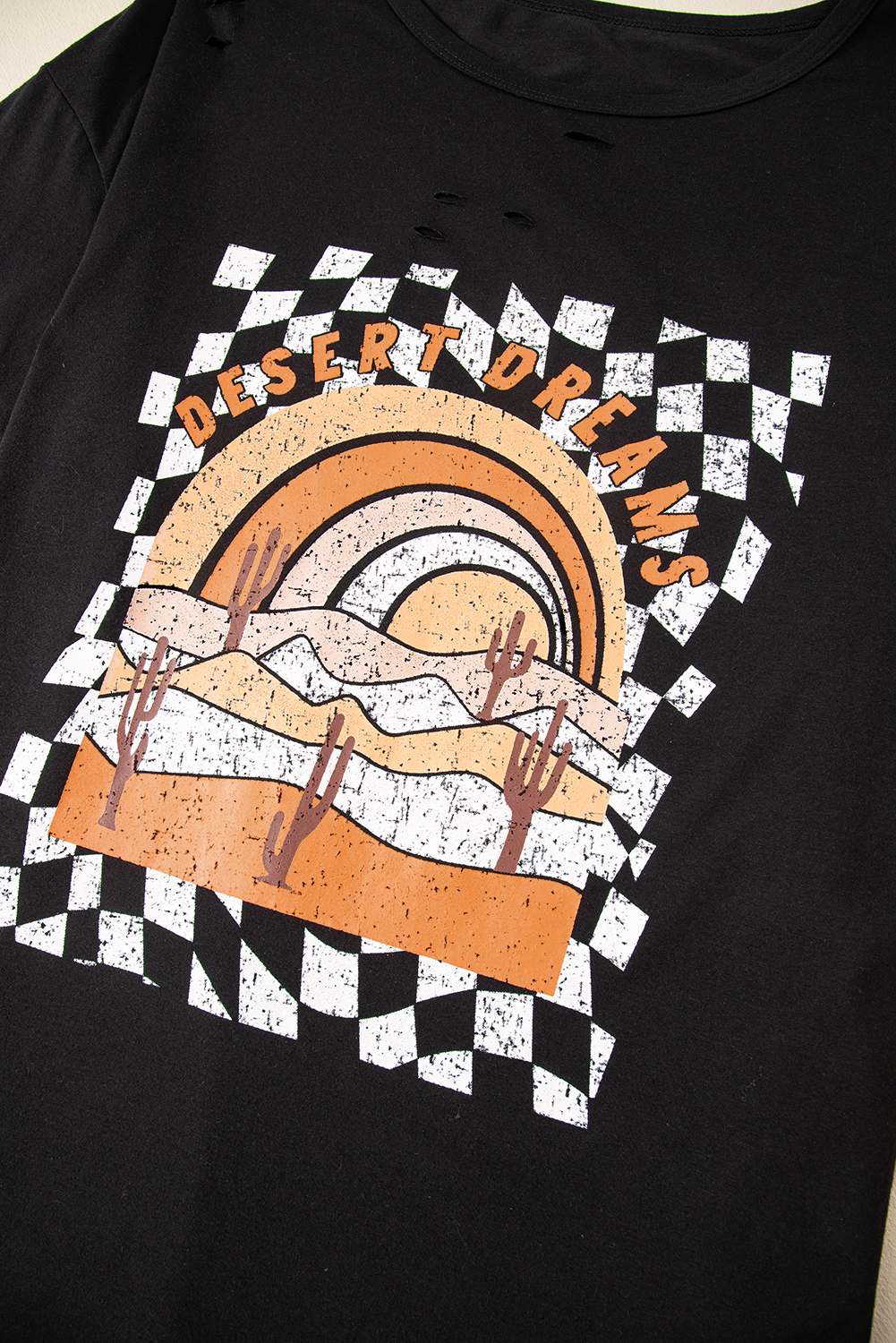 Plus Size Black Checkerd DESERT DREAMS Printed Ripped  Tee