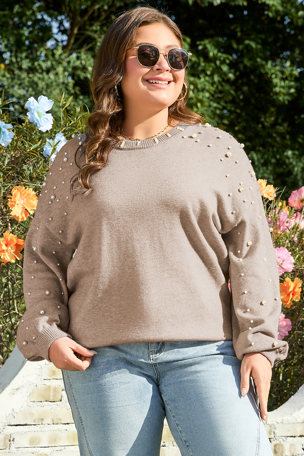 Plus Size Smoke Gray Pearled Drop Shoulder  Sweater