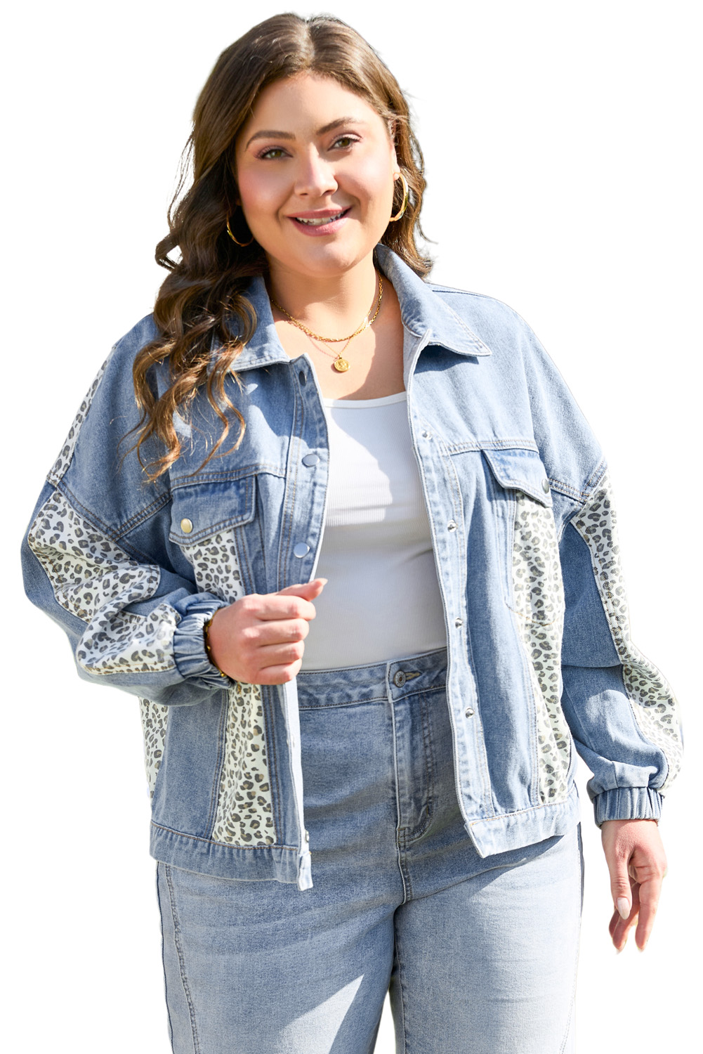 Plus Size Beau Blue Leopard Patchwork Flap Detail  Denim Jacket