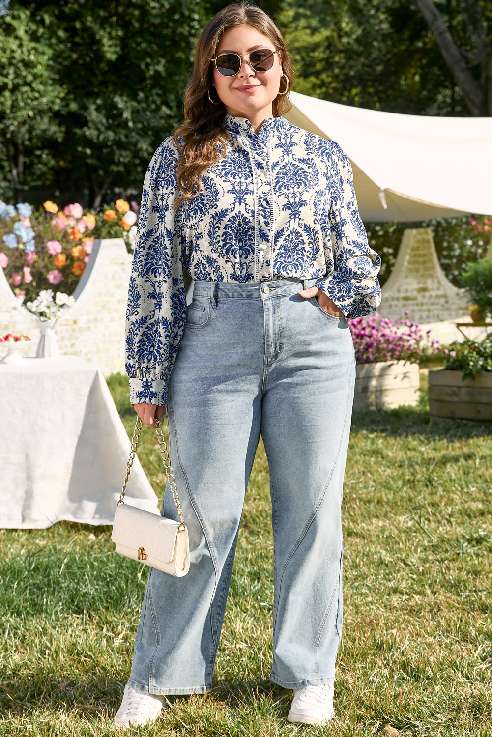 Plus Size Sky Blue Tribal Pattern Print Notch Neck Buttoned  Shirt