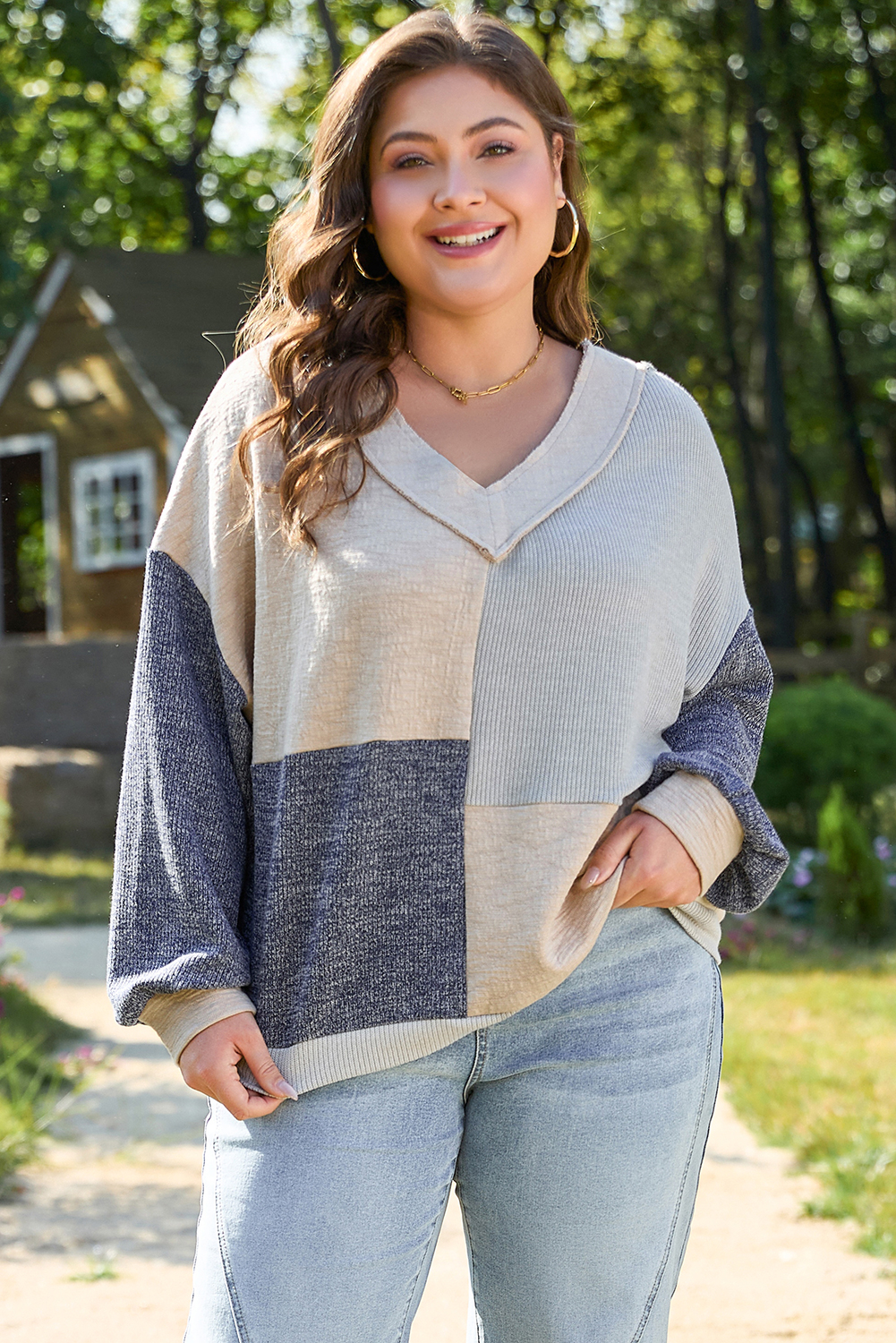 Plus Size Ashleigh Blue  Textured Colorblock Patchwork V Neck Top