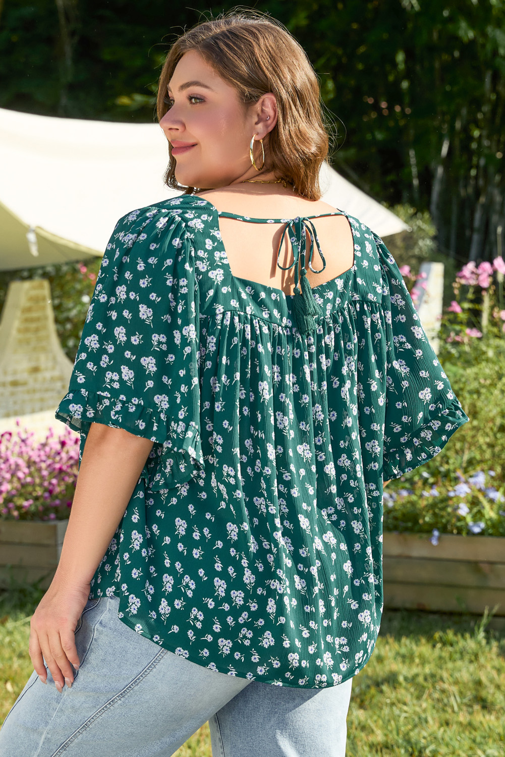 Oversized Green Floral Print Square Neck Ruffled Trim Blouse