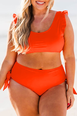 Plus Size Orange Ruffled Trim Knotted High Waist  Bikini Set