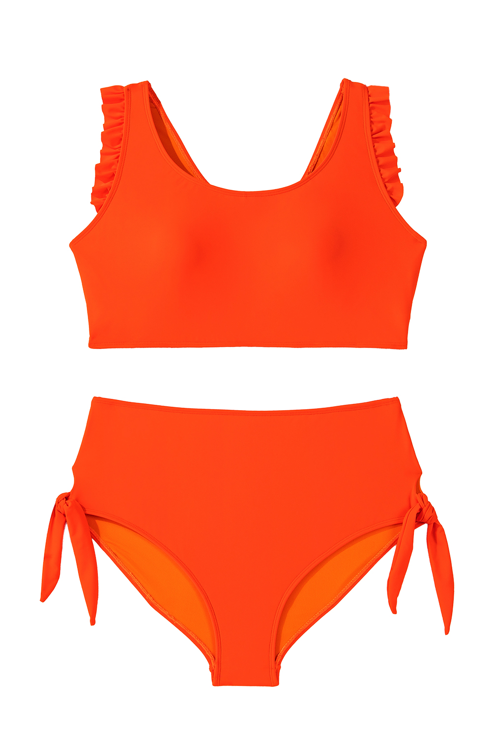Plus Size Orange Ruffled Trim Knotted High Waist  Bikini Set