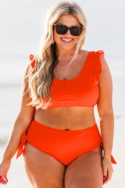 Plus Size Orange Ruffled Trim Knotted High Waist  Bikini Set