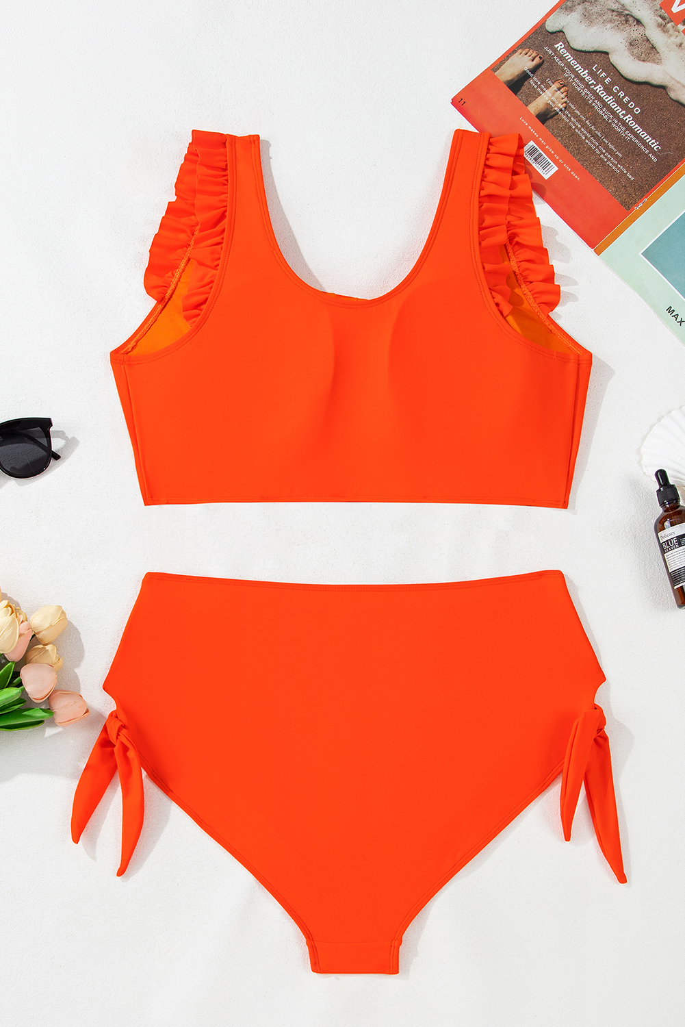 Plus Size Orange Ruffled Trim Knotted High Waist  Bikini Set