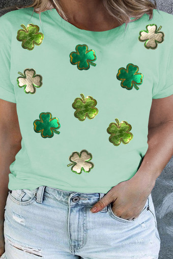 Plus Size Iceland Blue Four Leaf Clover Patched Graphic St Patrick Tee