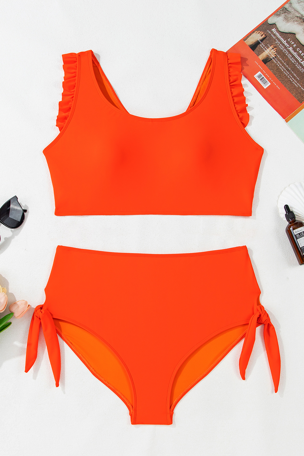 Plus Size Orange Ruffled Trim Knotted High Waist  Bikini Set