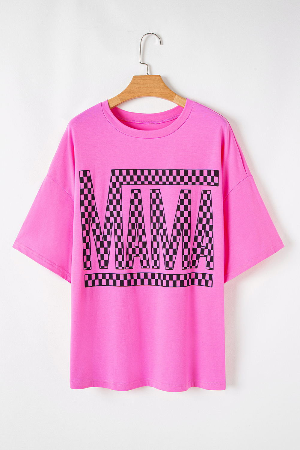 Large Size Bright Pink Checker MAMA Letter Printed Graphic T Shirt