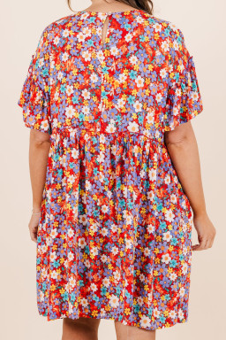 Plus Red Dainty Flower Printed  Short Sleeve Shift Dress