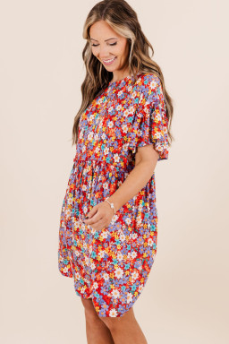 Plus Size Red Dainty Flower Printed  Short Sleeve Shift Dress