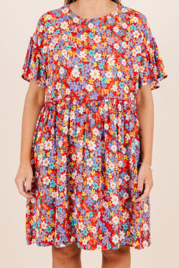 Plus Size Red Dainty Flower Printed  Short Sleeve Shift Dress