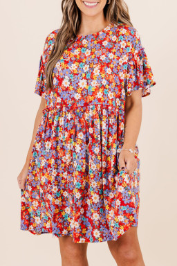 Plus Size Red Dainty Flower Printed  Short Sleeve Shift Dress