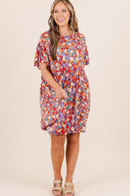 Plus Size Red Dainty Flower Printed  Short Sleeve Shift Dress
