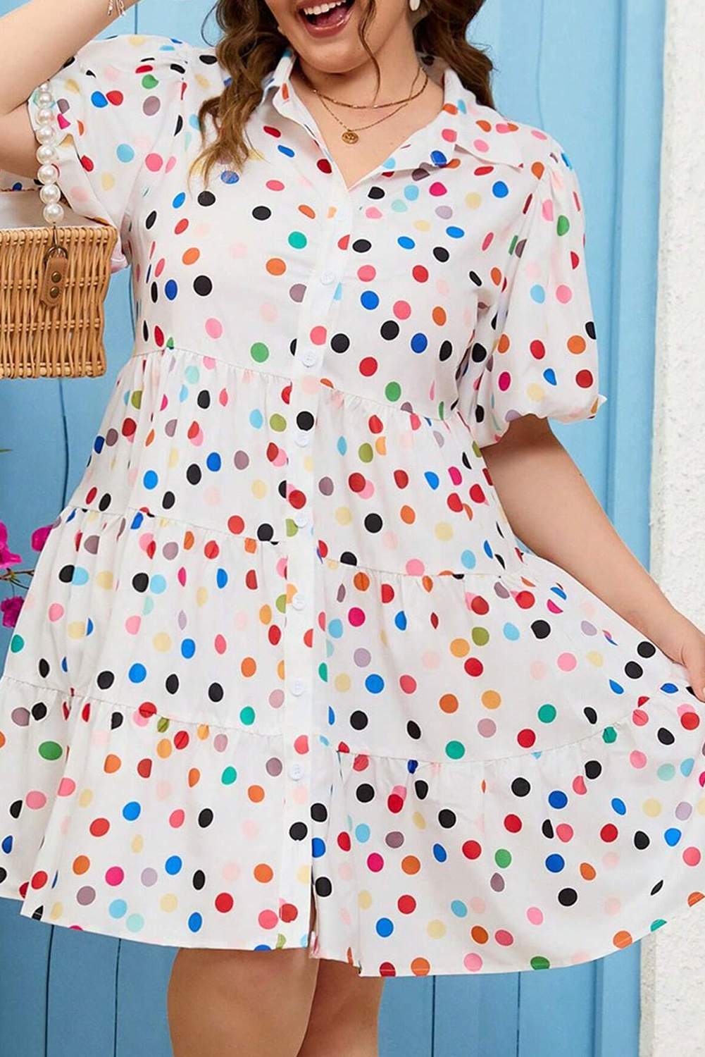 Plus Size White Polka Dot Print Bubble Sleeve Button Up  Shirt Dress