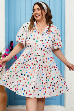 Plus Size White Polka Dot Print Bubble Sleeve Button Up  Shirt Dress