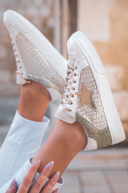 Dearlove Gold Glitter Star Patchwork PU Leather Lace-up Sneakers