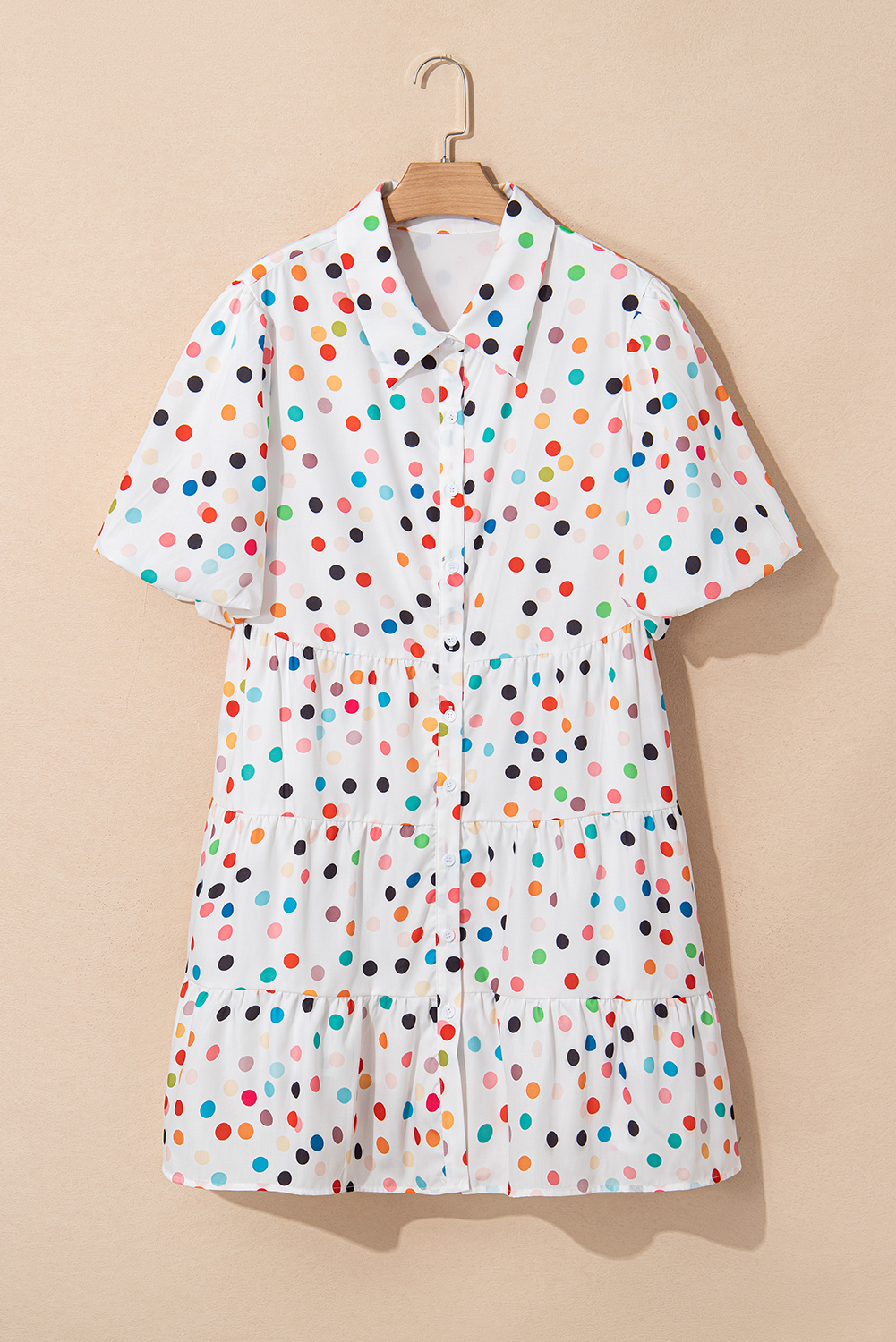 Plus Size White Polka Dot Print Bubble Sleeve Button Up  Shirt Dress