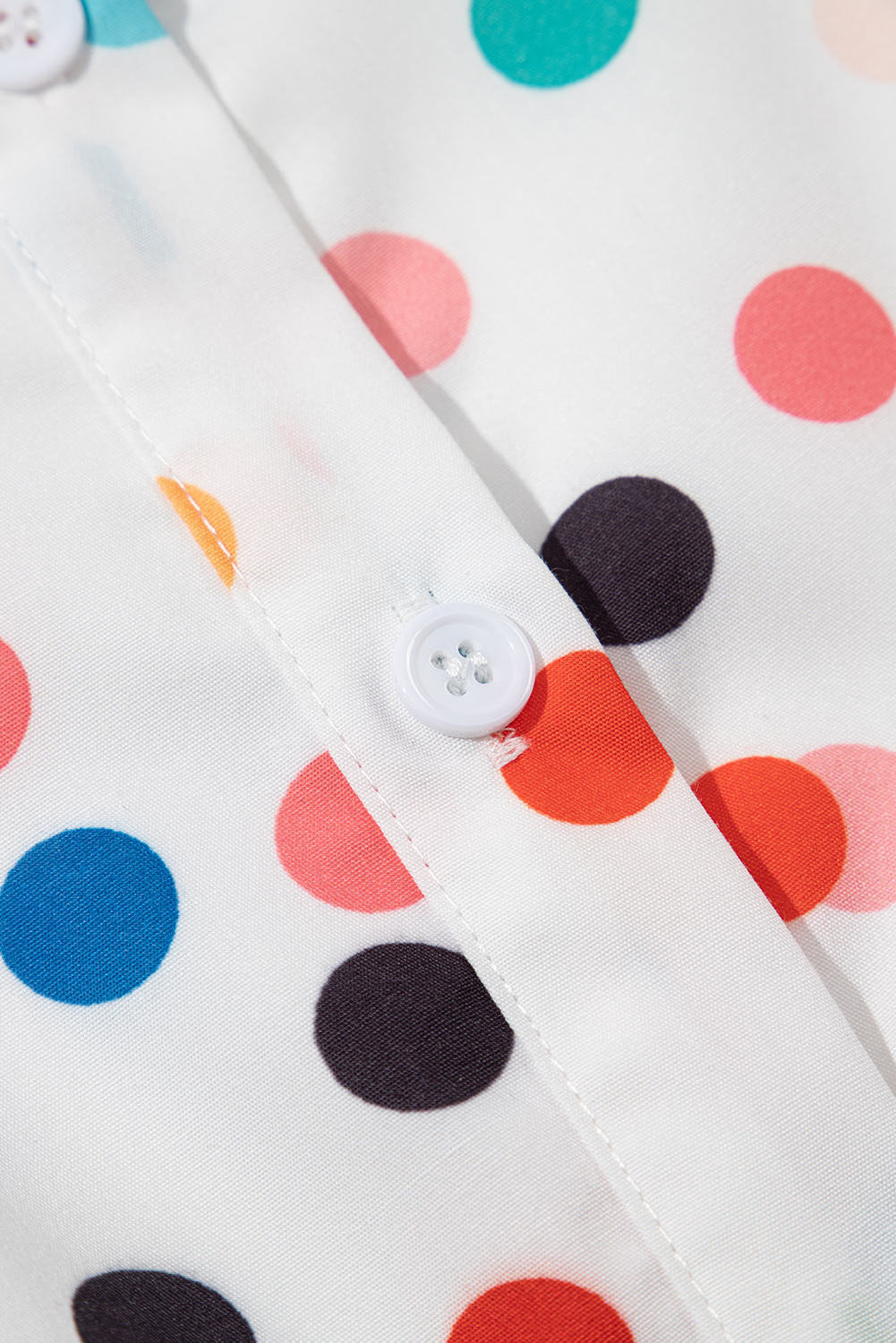 Plus Size White Polka Dot Print Bubble Sleeve Button Up  Shirt Dress