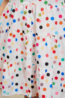 Plus Size White Polka Dot Print Bubble Sleeve Button Up  Shirt Dress