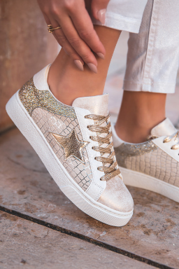 Dearlove Gold Glitter Star Patchwork PU Leather Lace-up Sneakers