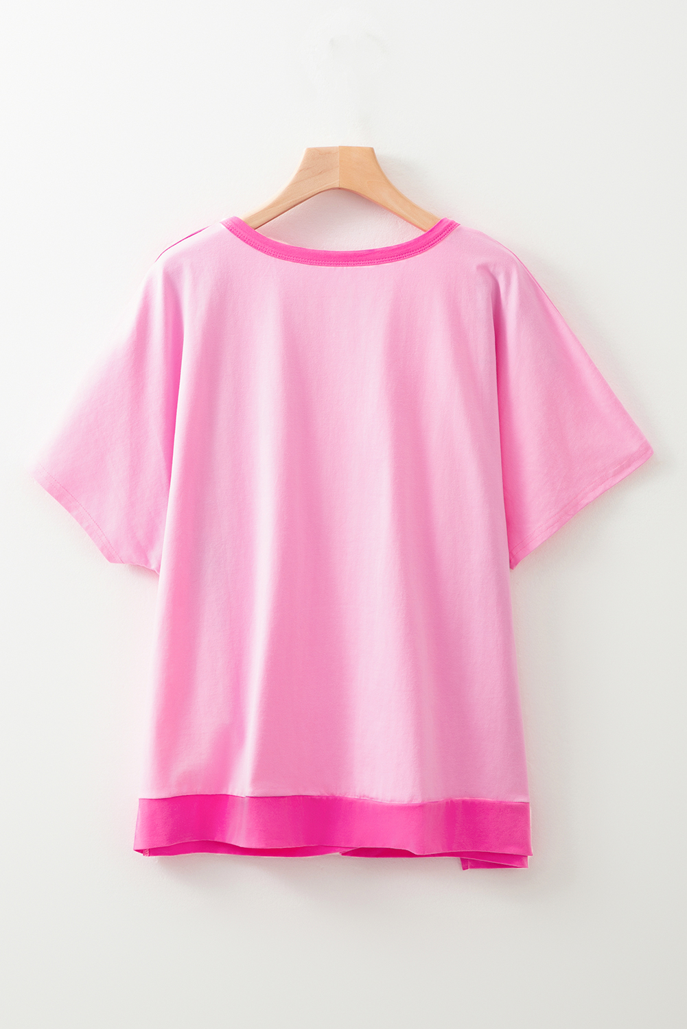 Plus Size Bright Pink Colorblock Patchwork Short Sleeve Buttons  Henley Top