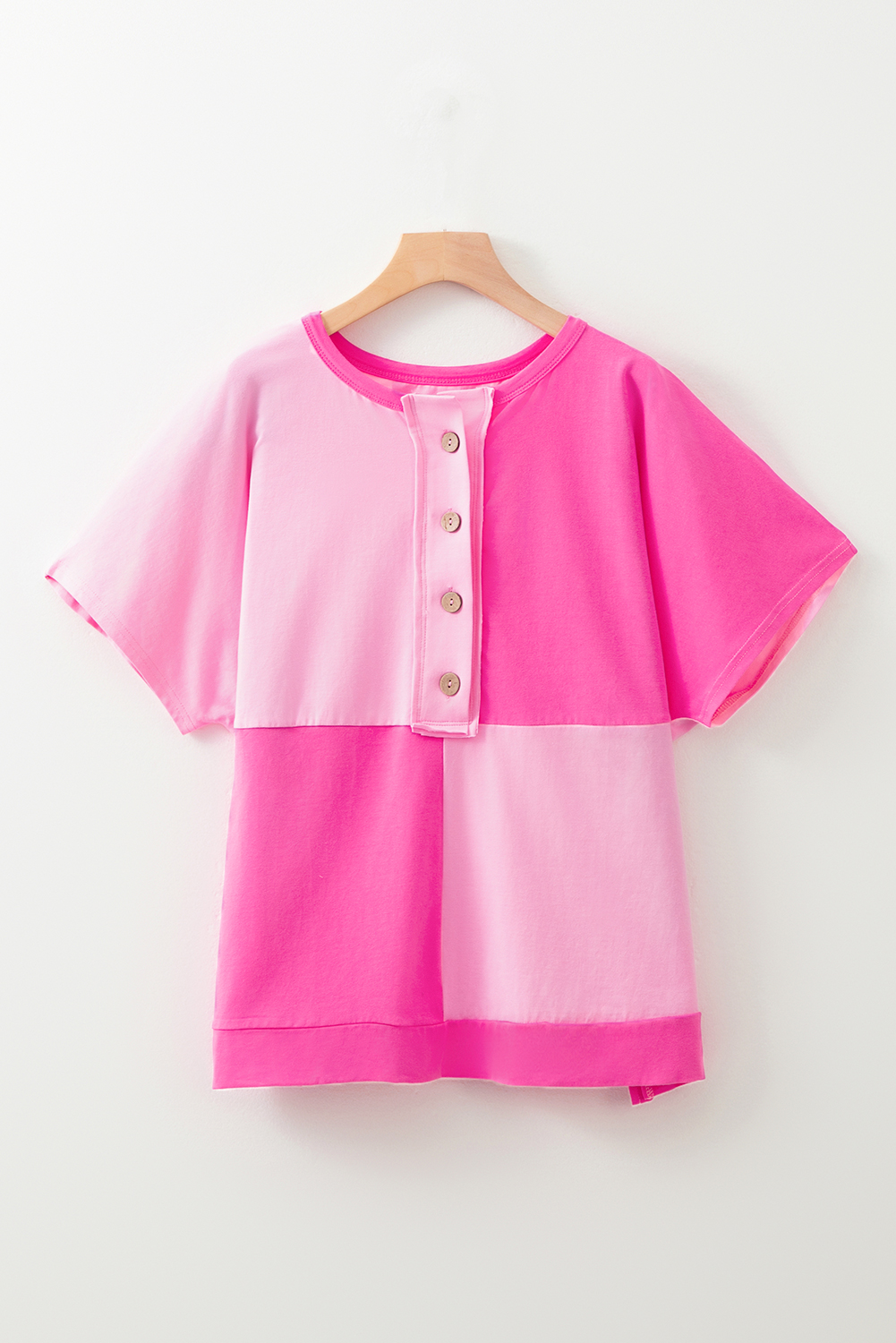 Extended Size Bright Pink Colorblock Patchwork Short Sleeve Buttons  Henley Top