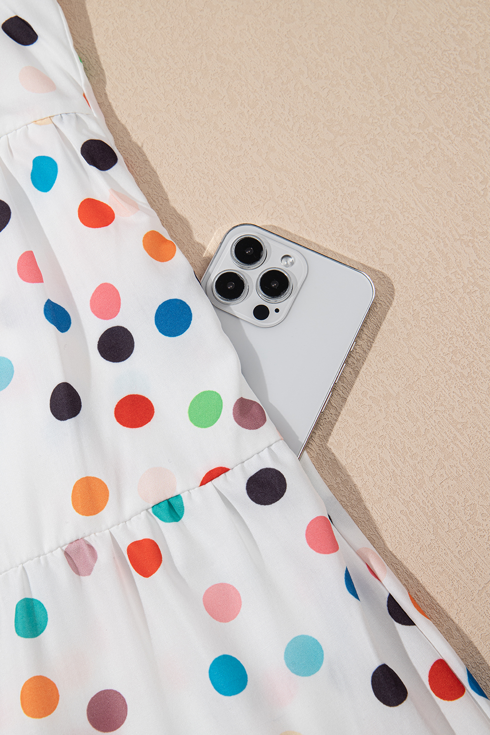 Plus Size White Polka Dot Print Bubble Sleeve Button Up  Shirt Dress