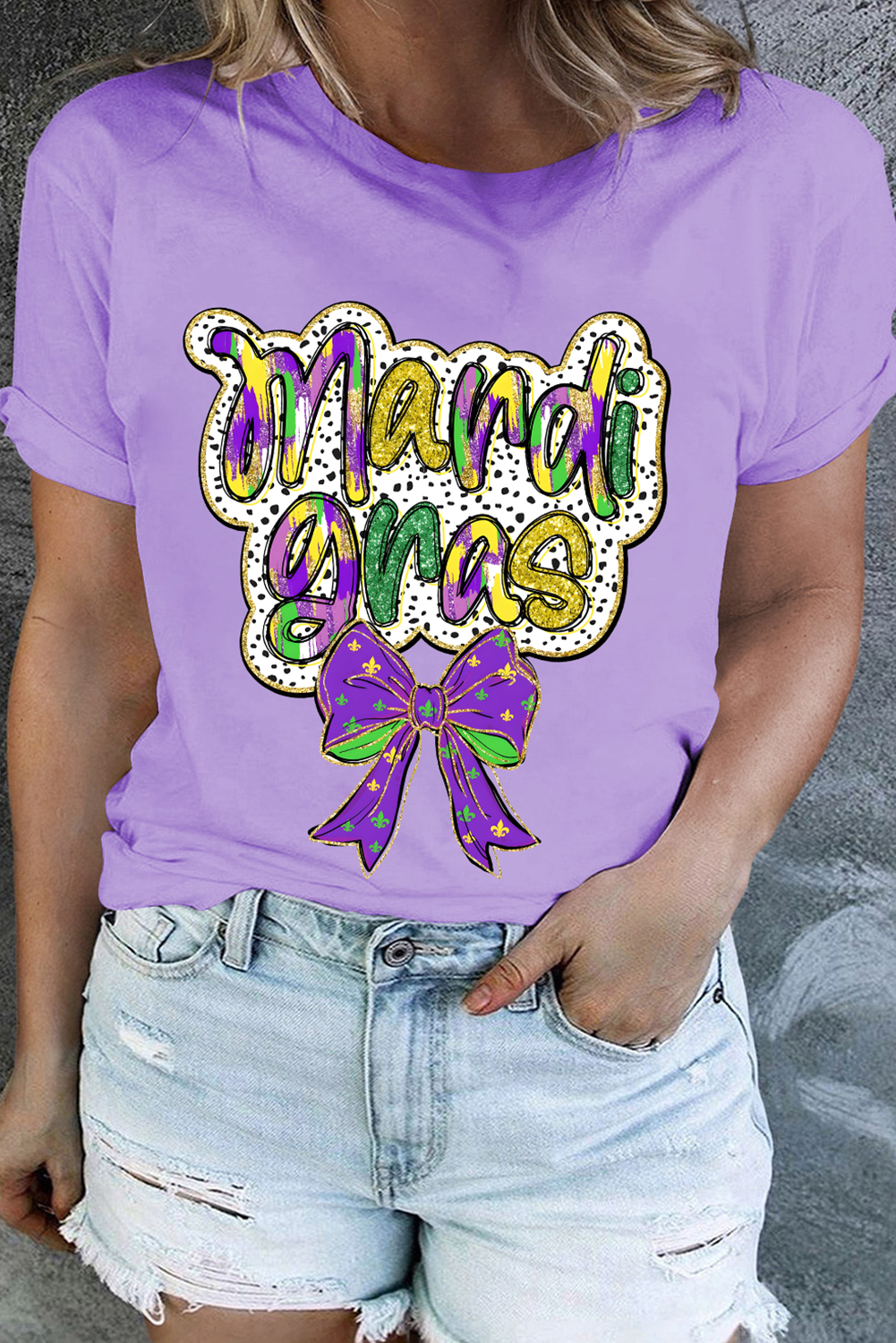 Plus Size Orchid Petal mardi gras Bow Graphic Crewneck  Tee