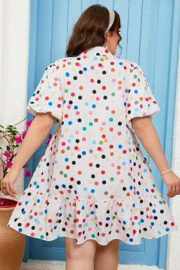 Plus Size White Polka Dot Print Bubble Sleeve Button Up  Shirt Dress