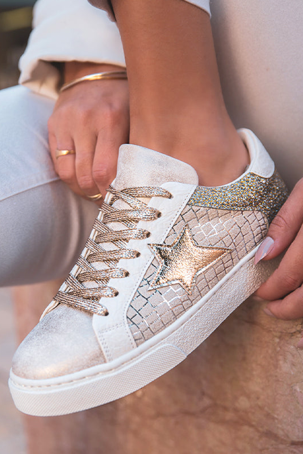 Dearlove Gold Glitter Star Patchwork PU Leather Lace-up Sneakers